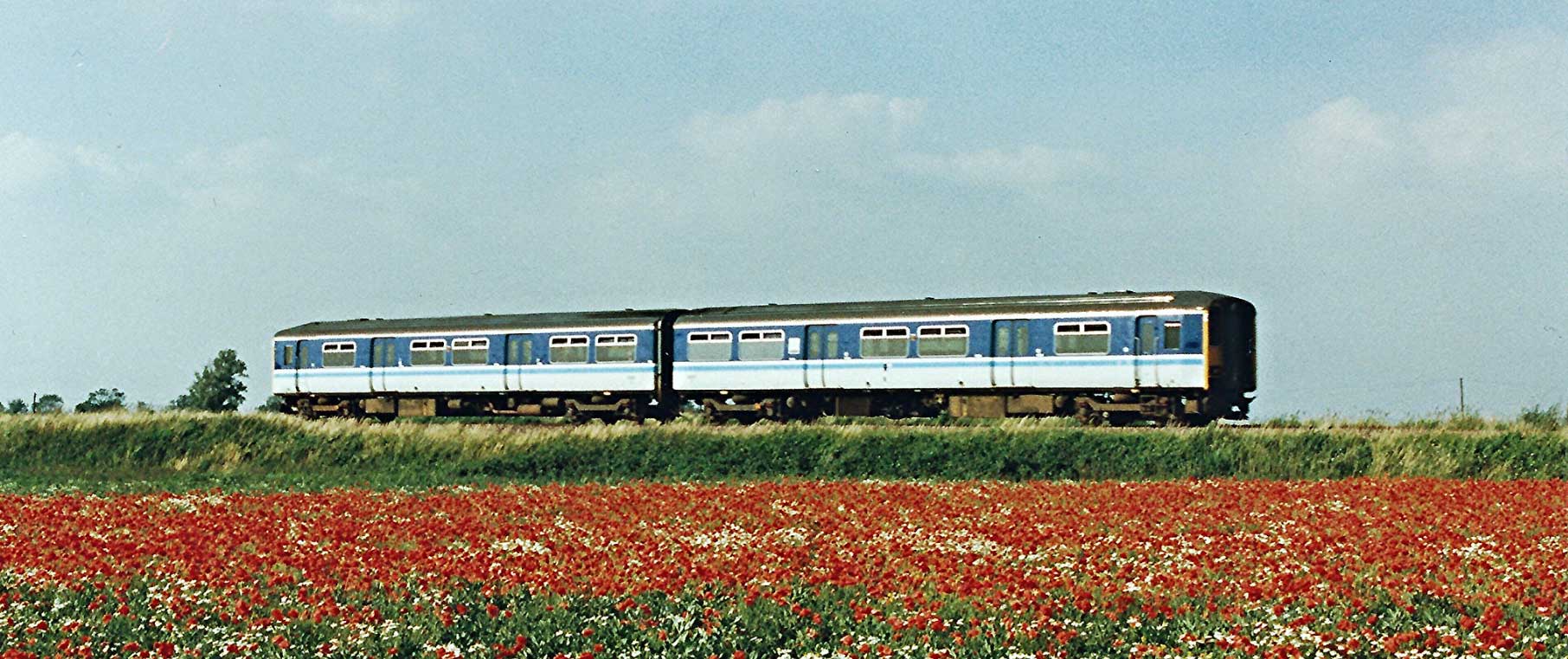 A class 156 near Horsemoor crossing between March and Manea June 1996